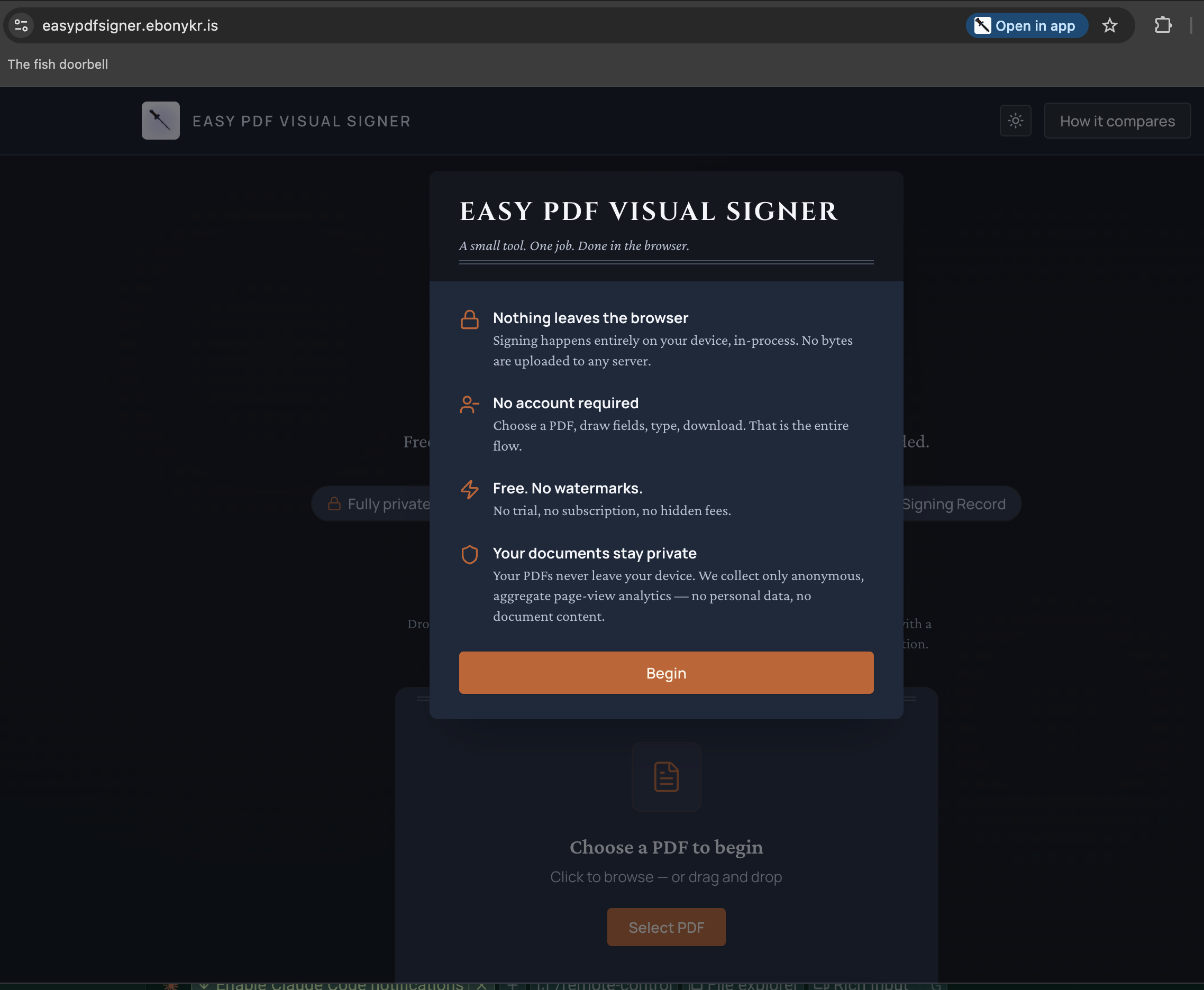EasyPdfSigner final landing page with dark mode