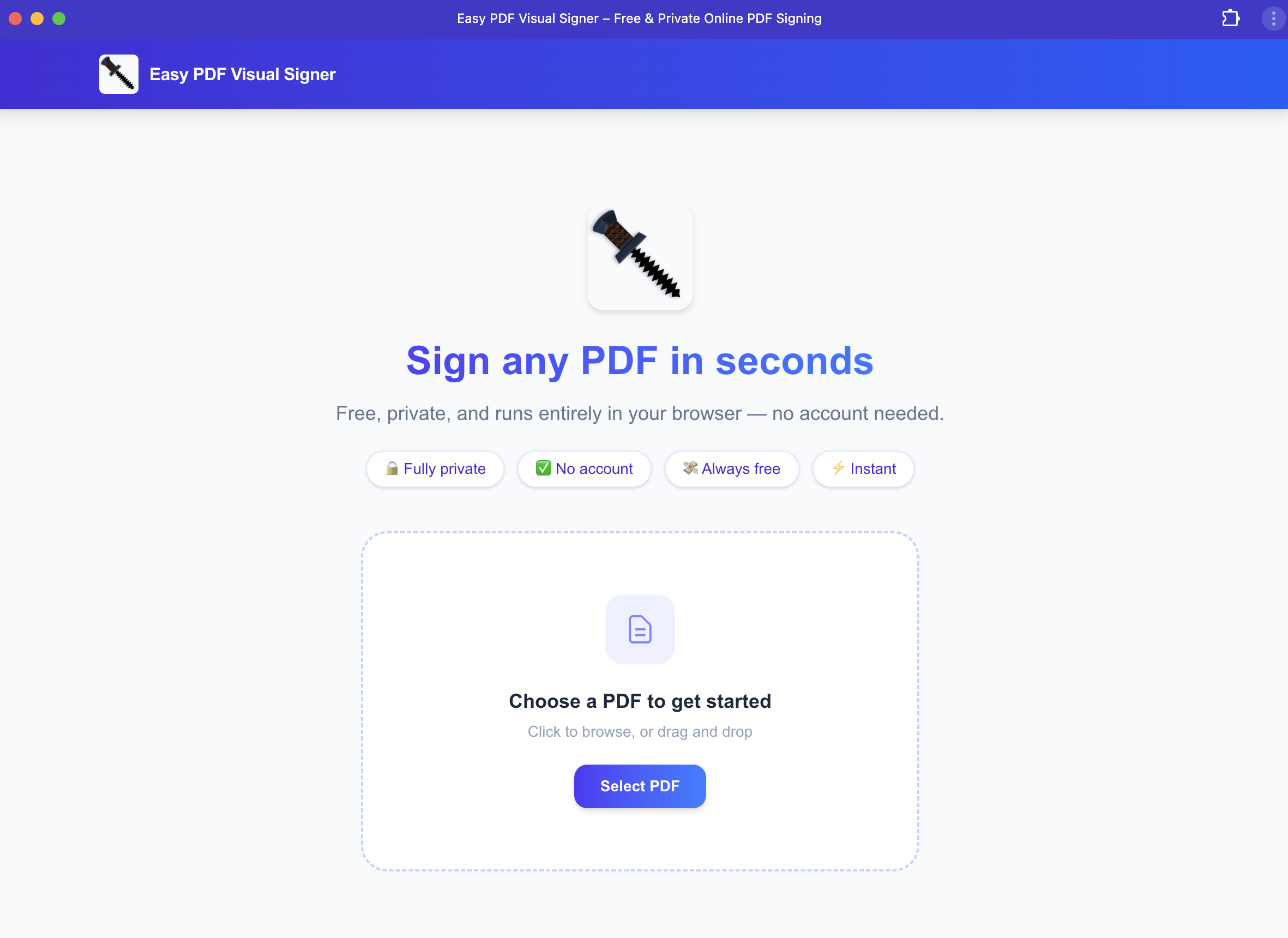 EasyPdfSigner PDF upload page