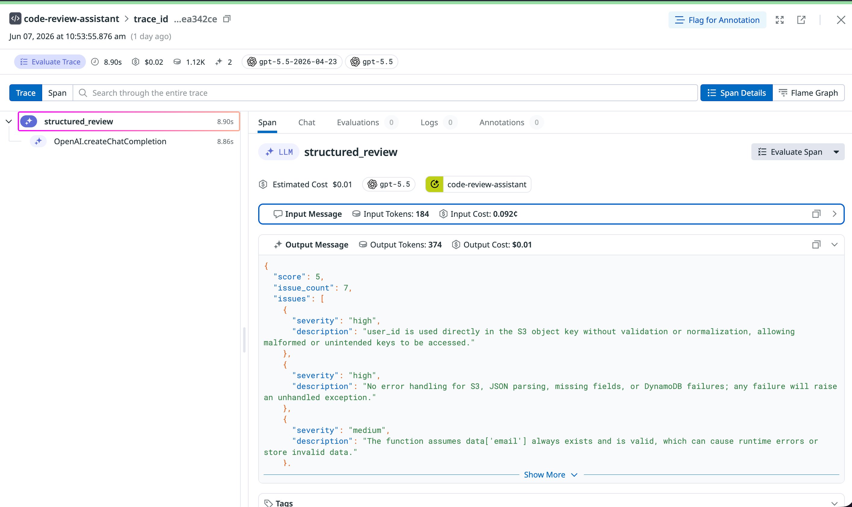 Datadog LLM Observability trace showing the structured_review span with full JSON output, estimated cost, input and output token costs visible